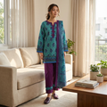 Teal Marina Linen Suit with Embroidered Shawl, CD-065