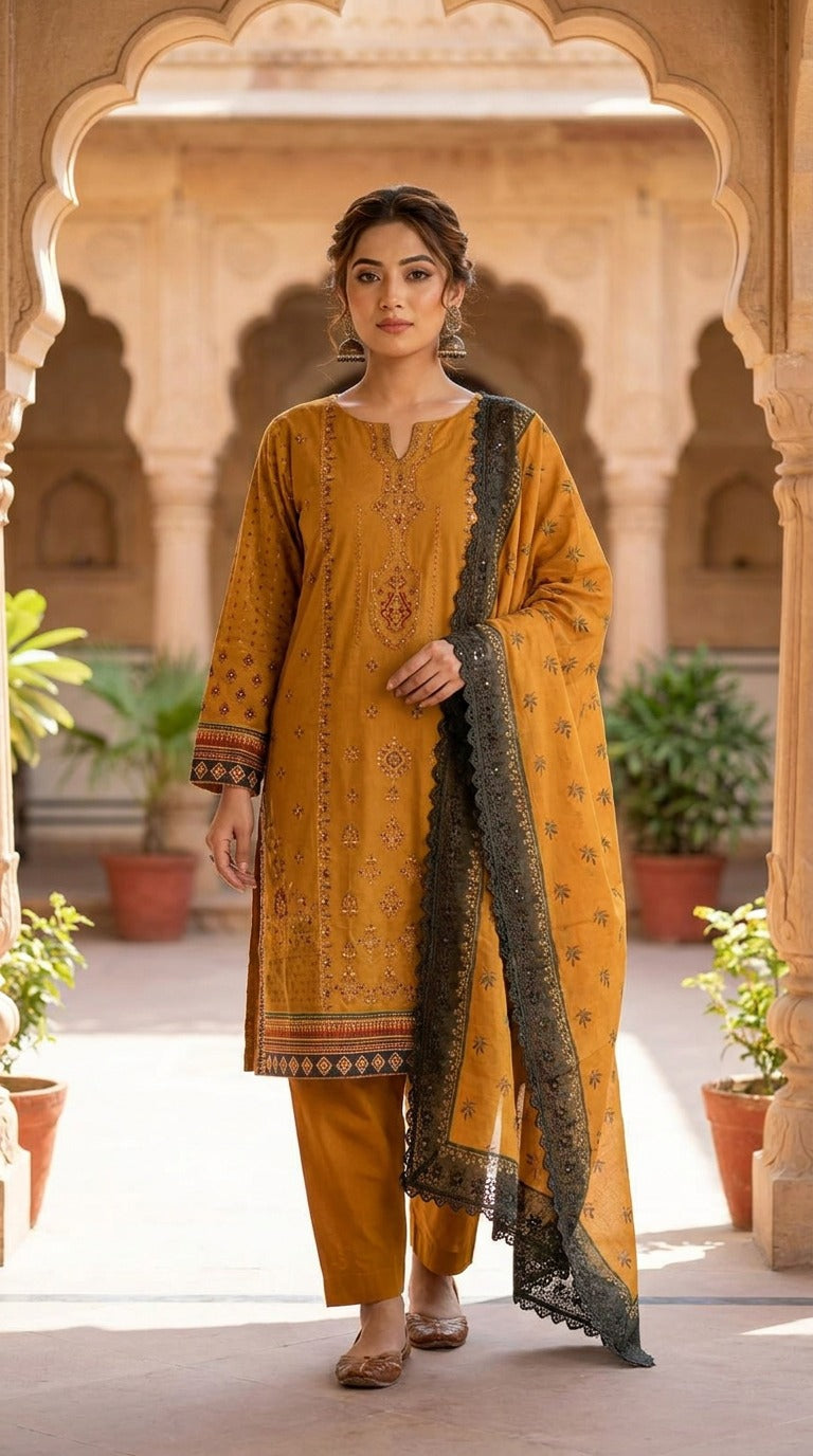 Mustard Embroidered Lawn Suit with Printed Back and Lace Dupatta KF-1121
