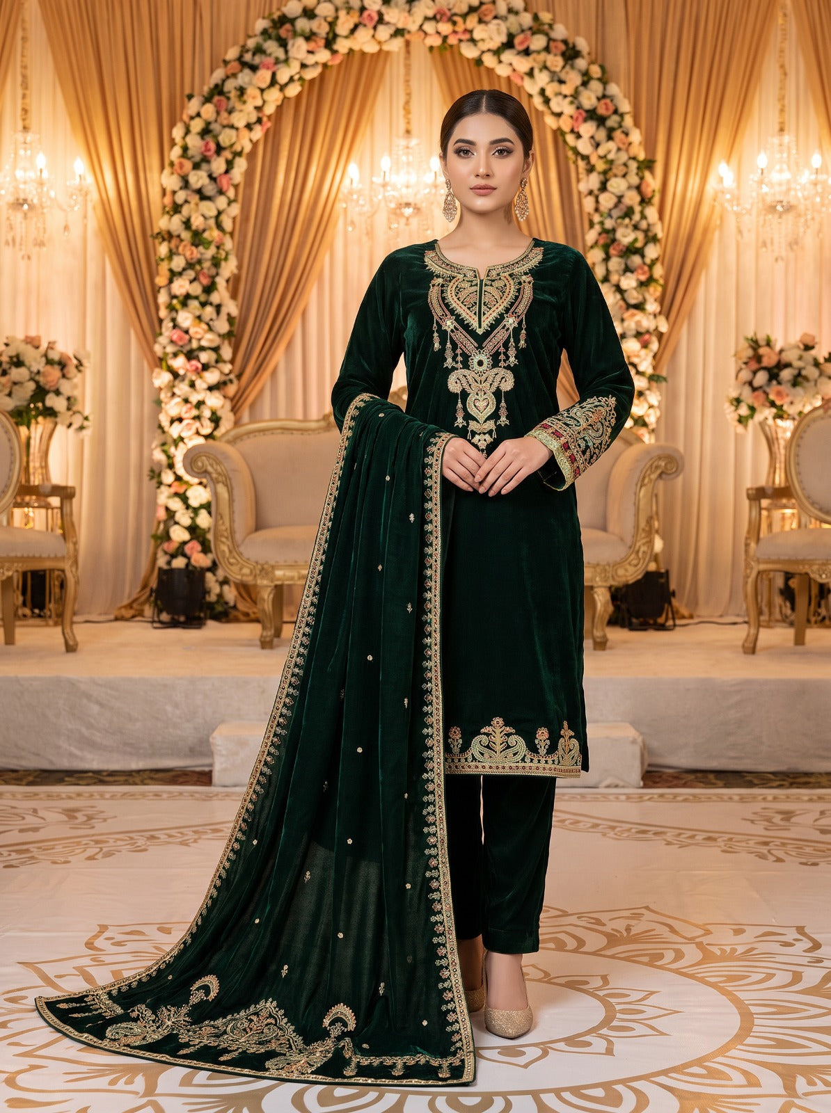 Dark Green Embroidered Velvet 3 Piece Suit with Velvet Shawl KF-977