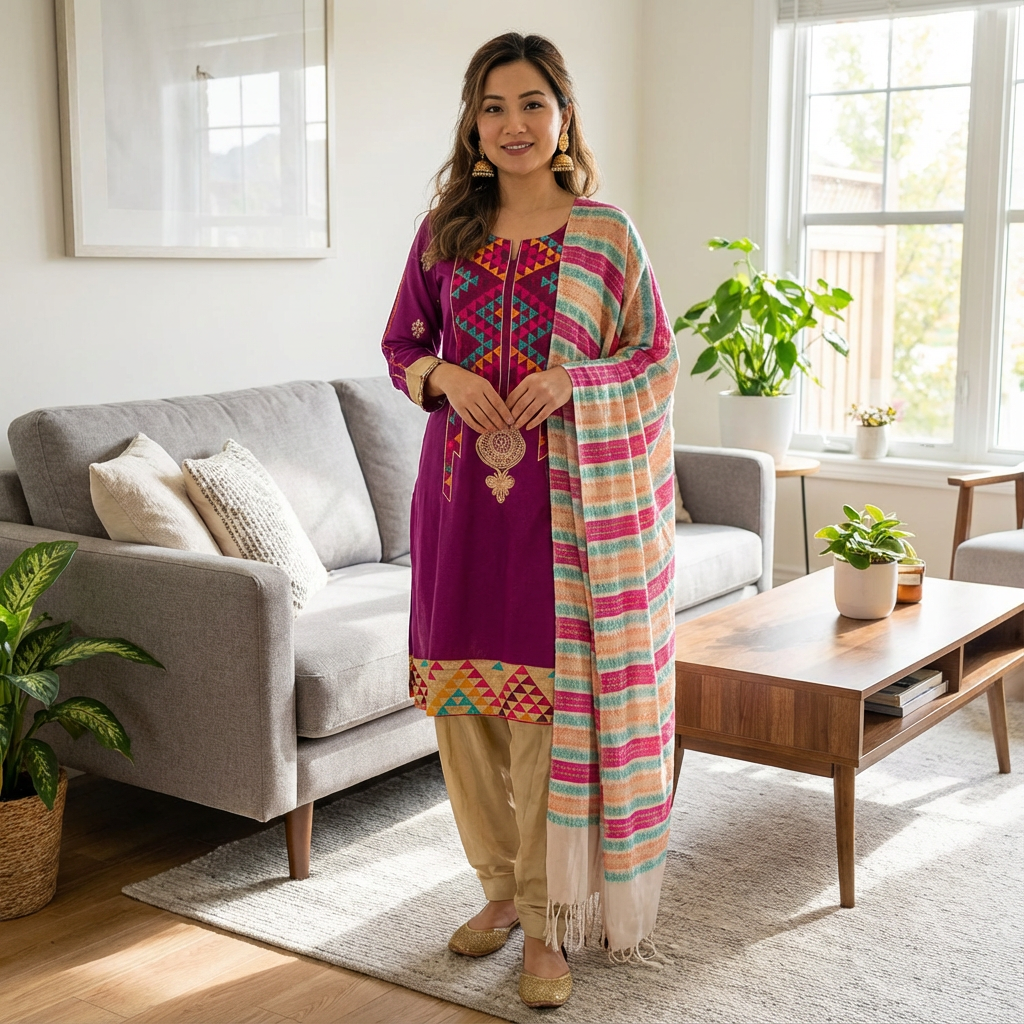 Purple Self Weaving Linen Suit with Machine Embroidery and Shawl, CD-106