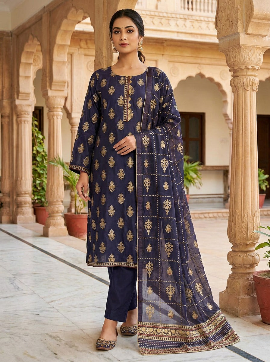 Navy Blue Block Print Cotton Silk Suit with China Silk Dupatta KF-1122