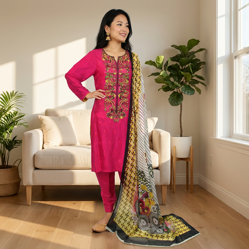 Pink Embroidered Soft Linen Suit with Self Print Shawl, CD-120