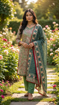 Sea Green Printed Khaddar Suit with Khaddar Linen Dupatta KF-1123