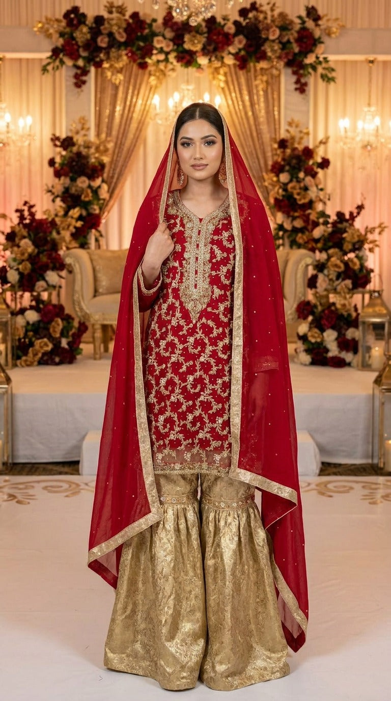 Red 4 Piece Chiffon Suit with Salma Dabka Hand Work and Jamawar Gharara KF-978