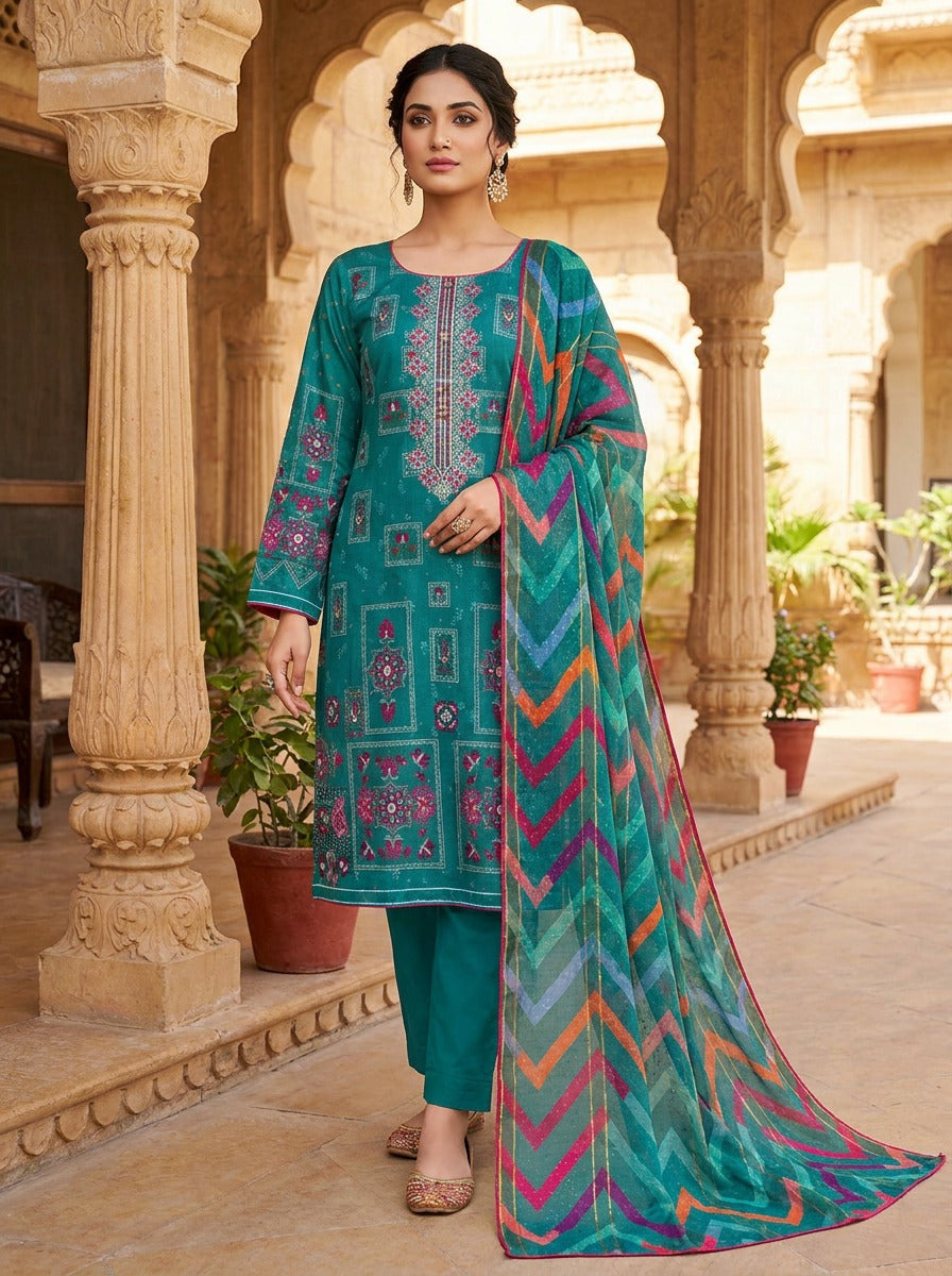 Teal Green Embroidered Linen Suit with Block Print Lawn Dupatta KF-1124