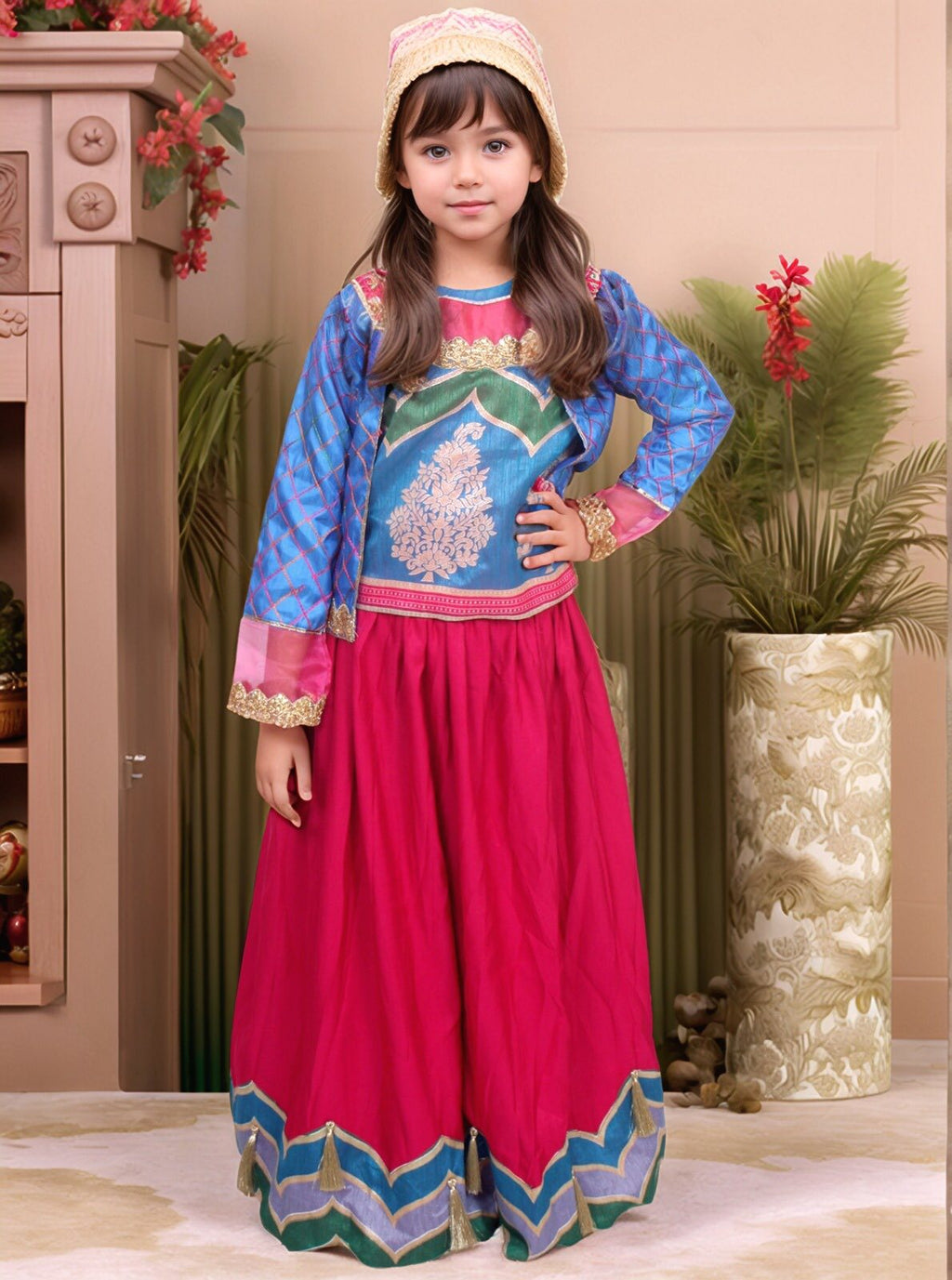 Kids Shocking Pink and Blue Lehenga Suit with Gold Work KF-070