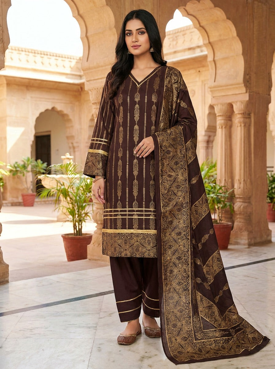 Dark Brown Jacquard Lawn 2 Piece Fancy Suit KF-1125