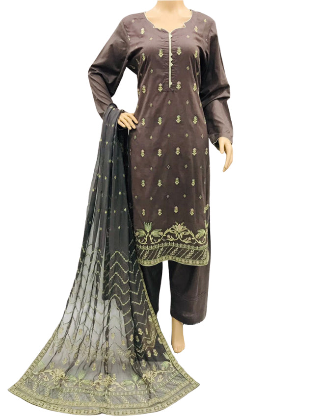 Chocolate Brown Embroidered Lawn 3 Piece Suit with Chiffon Dupatta KF-9104