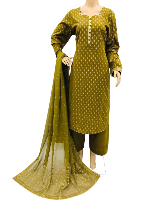 Mehndi Green Block Print Lawn 3 Piece Suit with Gold Motifs KF-9014