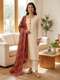 Fawn and Orange Self Linen 3 Piece Suit with Phulwary Dupatta KF-542
