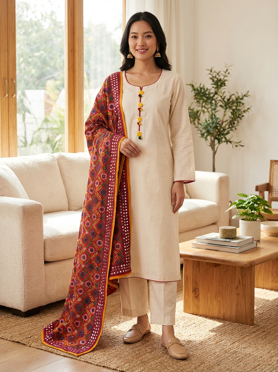 Fawn and Orange Self Linen 3 Piece Suit with Phulwary Dupatta KF-542