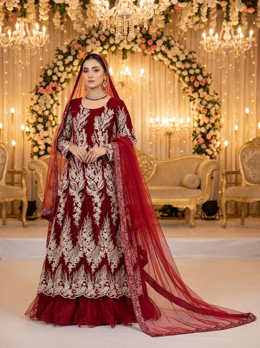 Red Fancy Net Long Party Maxi with Cut Dana Work KF-938