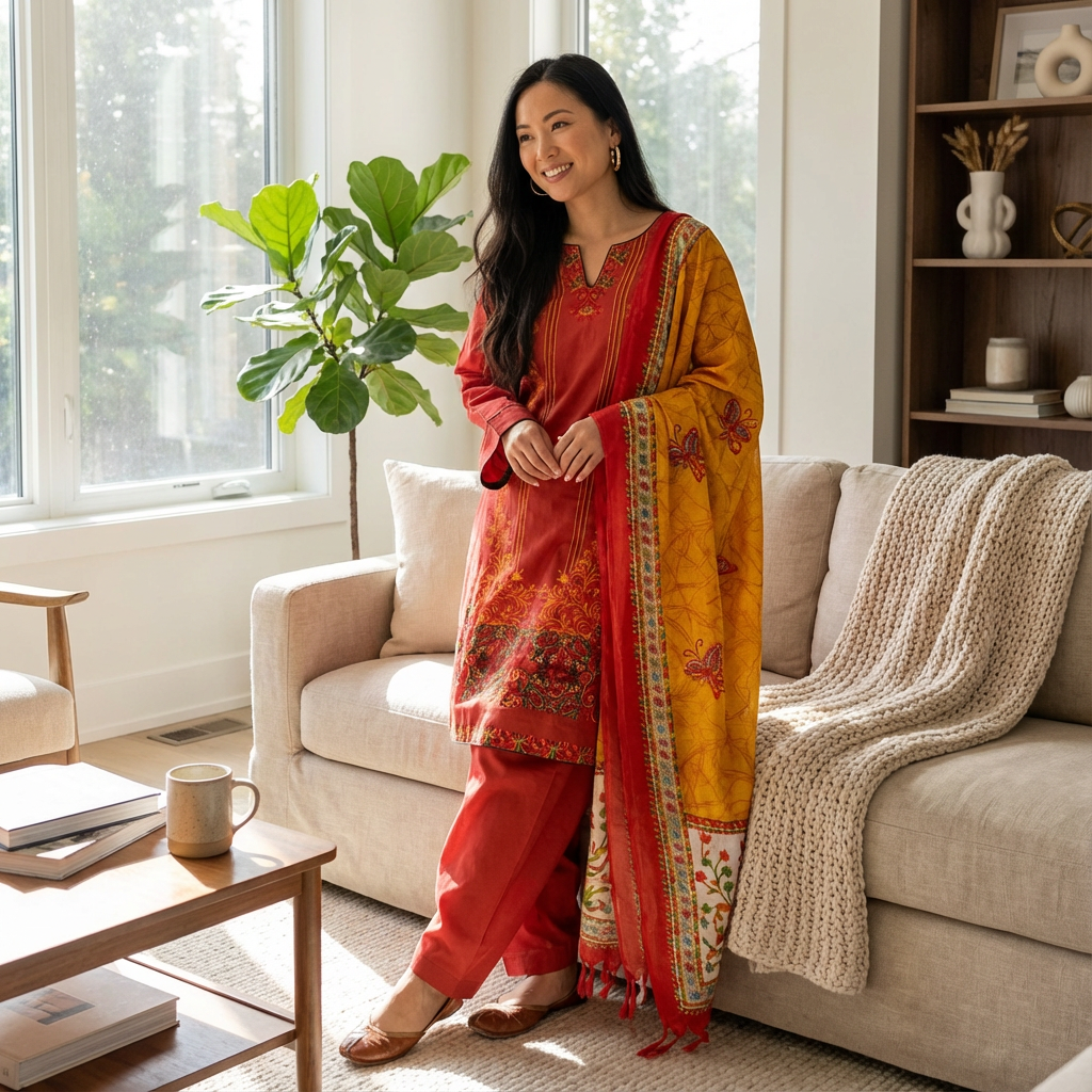 Red Linen Casual 3 Piece Suit with Mustard Printed Dupatta, CD-031
