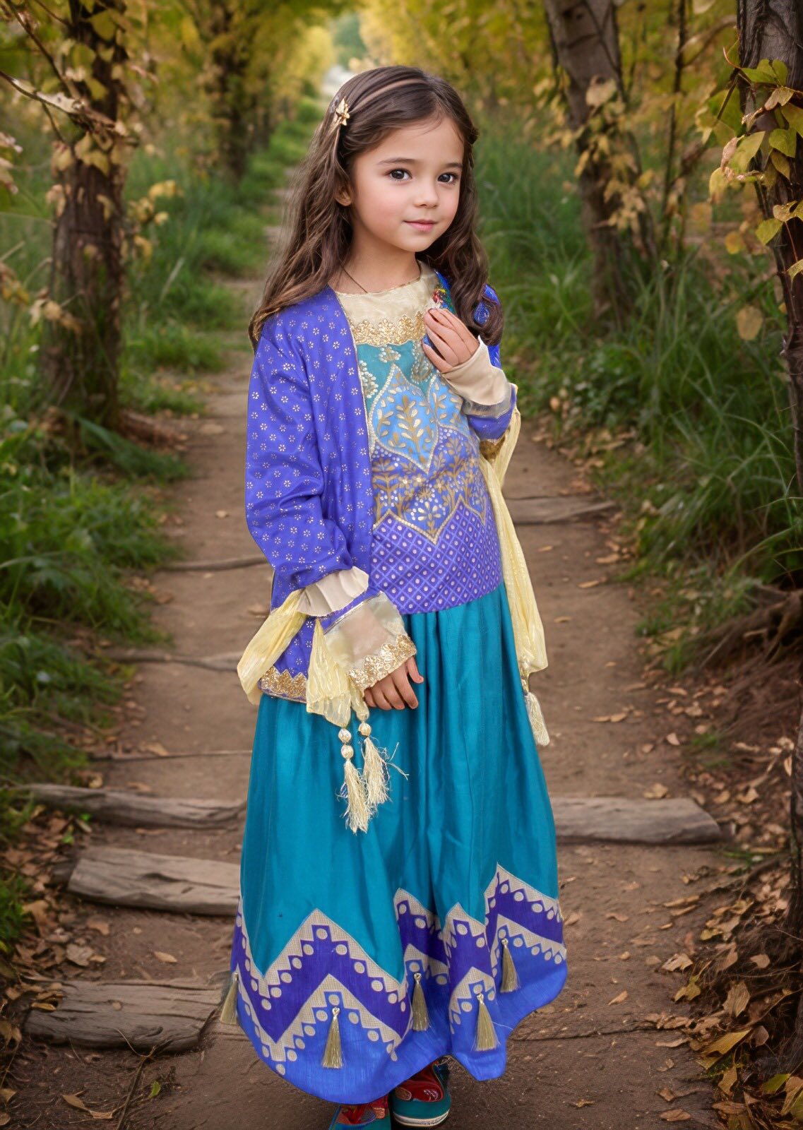 Kids Blue and Teal Gharara Suit with Gold Work KF-040