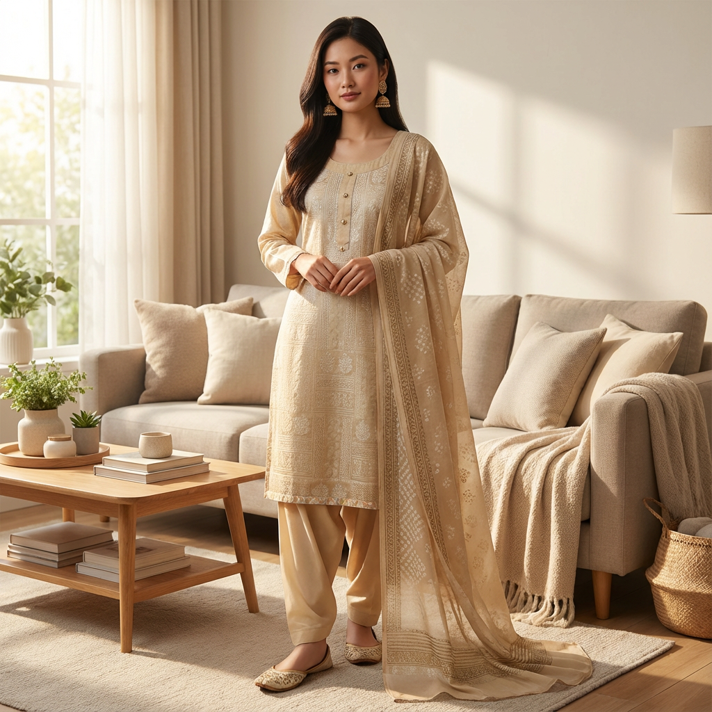 Cream Embroidered Lawn Formal Suit with Georgette Dupatta, FD-001