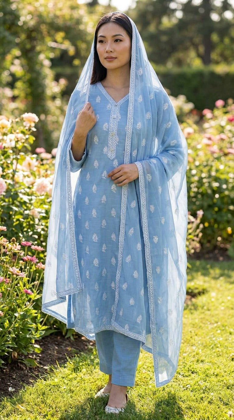 Light Blue Embroidered Self Lawn Suit with Chiffon Georgette Dupatta KF-1128