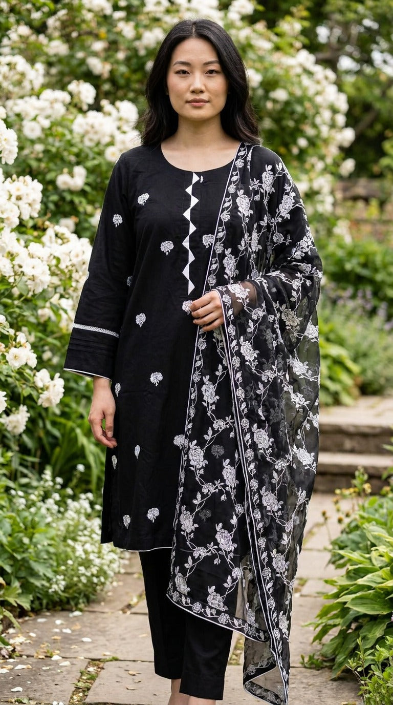 Black Thread Embroidered Cotton Lawn 3 Piece Suit KF-1134