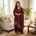 Maroon Viscose Party Suit with Jamawar Bordered Dupatta, FD-007