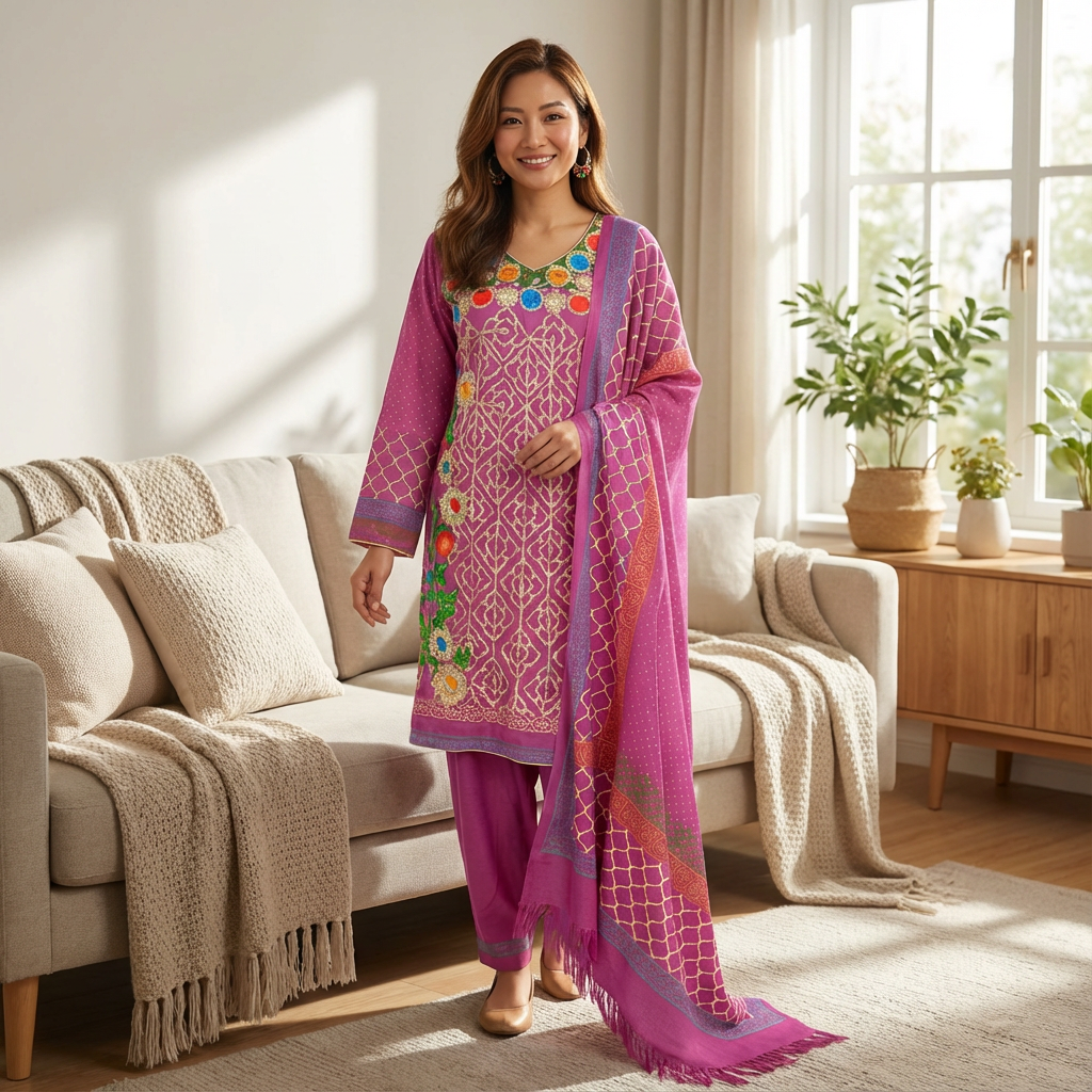 Magenta Embroidered Linen Winter Suit with Block Print Trouser, FD-008