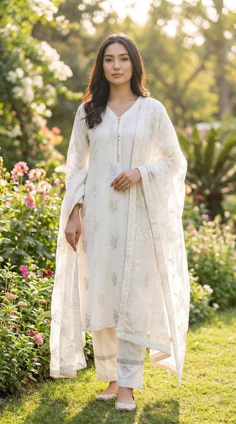 Ivory Embroidered Cotton Lawn Suit with Chiffon Georgette Dupatta KF-1137