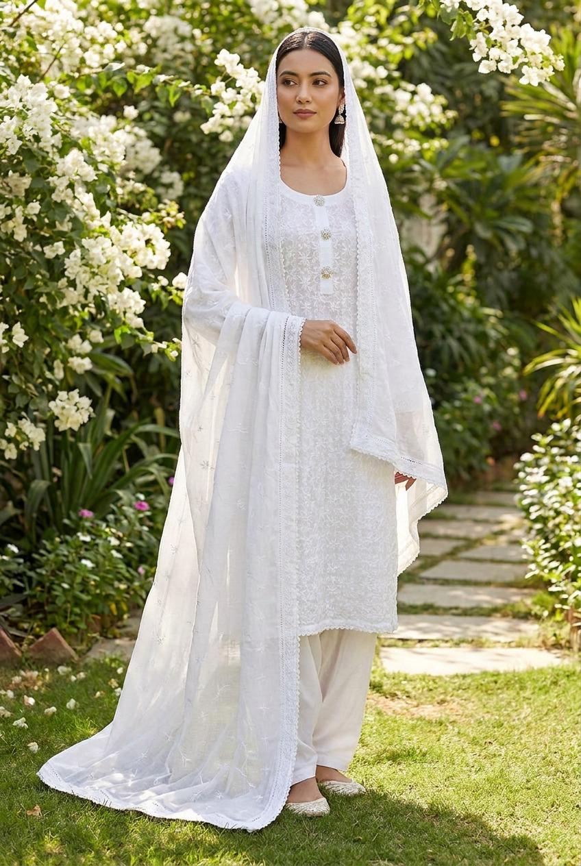 White Zam Zam Chicken Lawn 3 Piece Suit with Fancy Buttons KF-1138