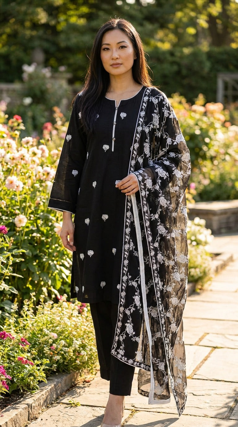 Black Cotton Lawn 3 Piece Suit with White Embroidery KF-1141