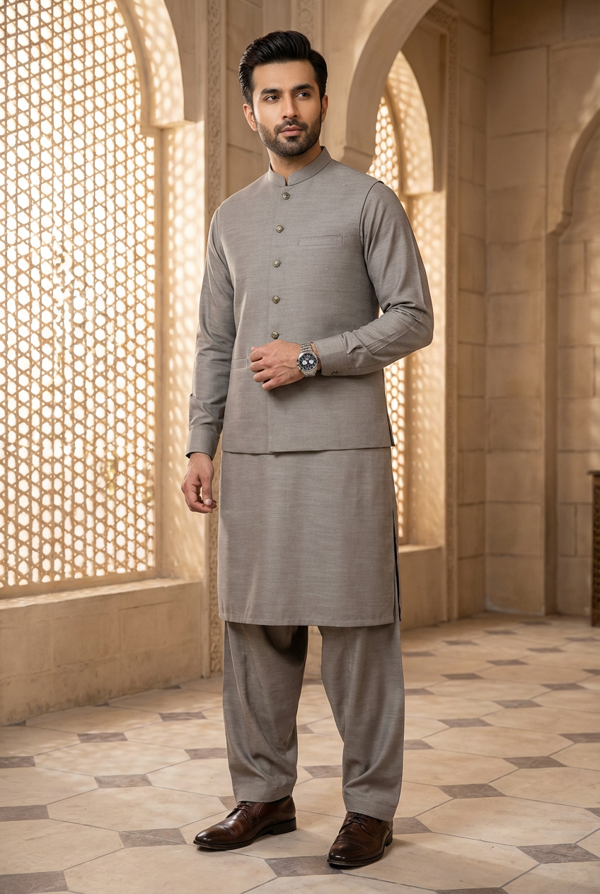 Men's Slate Grey Waistcoat Shalwar Kameez 3 Piece Set KF-0255