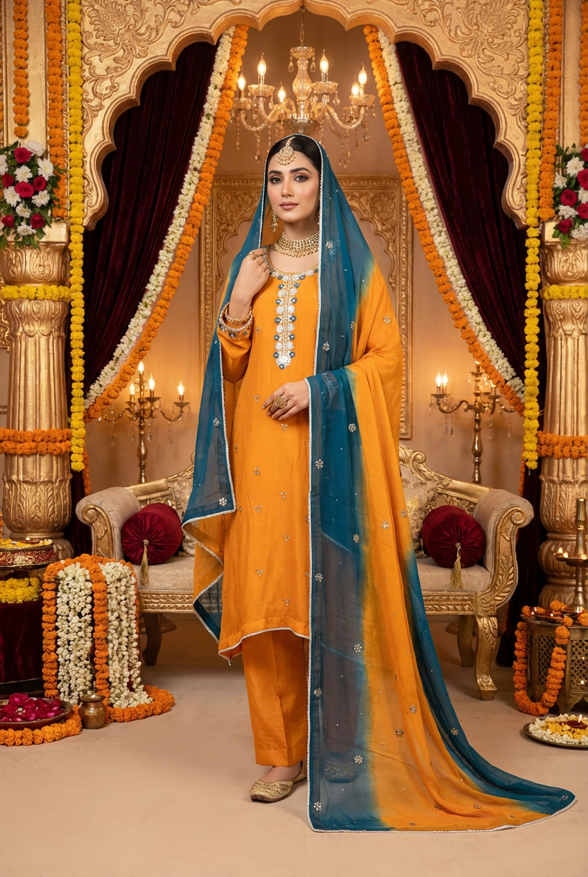 Mustard Dabka and Resham Hand Embroidered Chiffon Suit with Mukesh KF-855