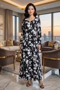 Black and White Floral Print Linen Maxi Dress KF-493