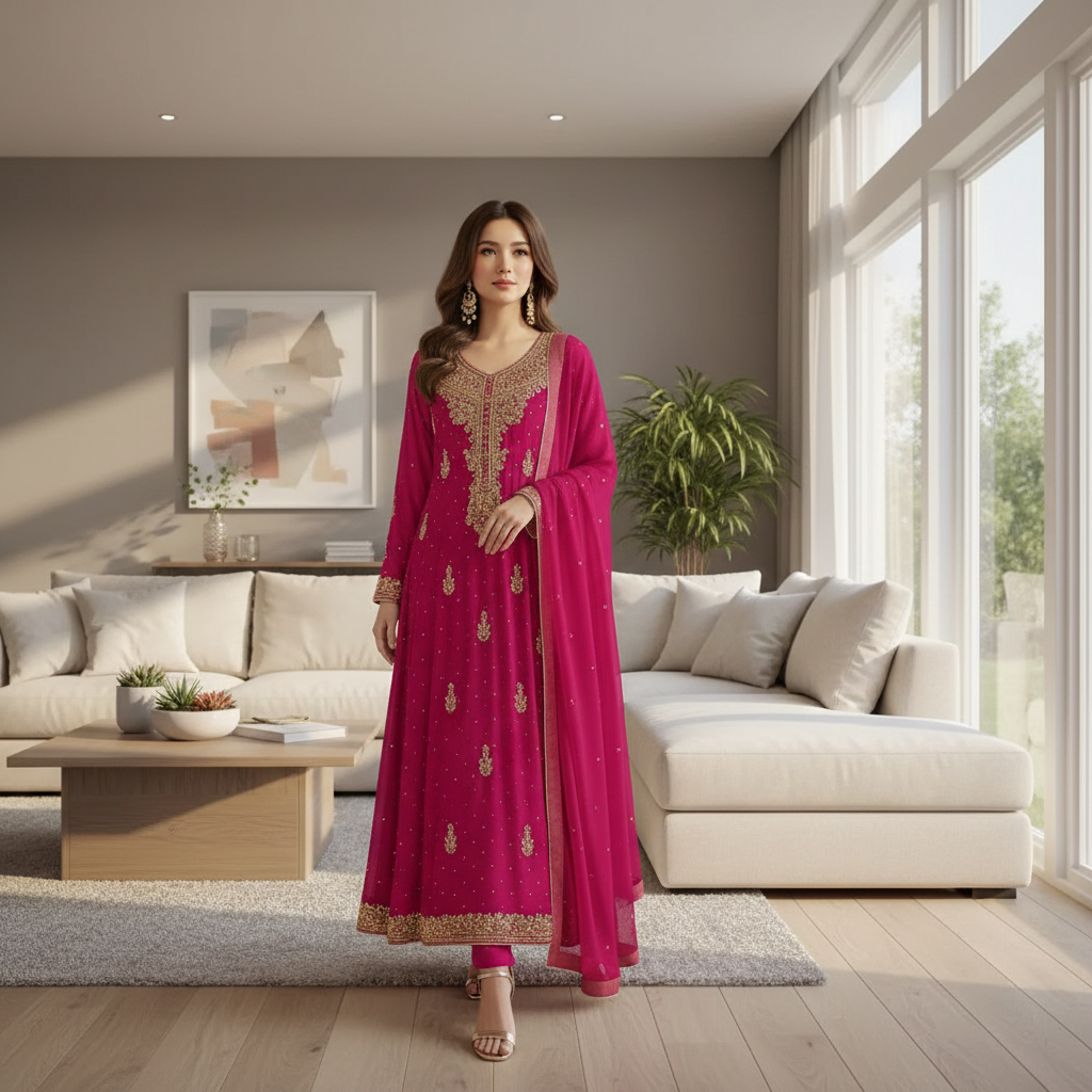 Magenta Dabka and Stone Work Semi Chiffon Long Party Dress, Long Party Wear 001
