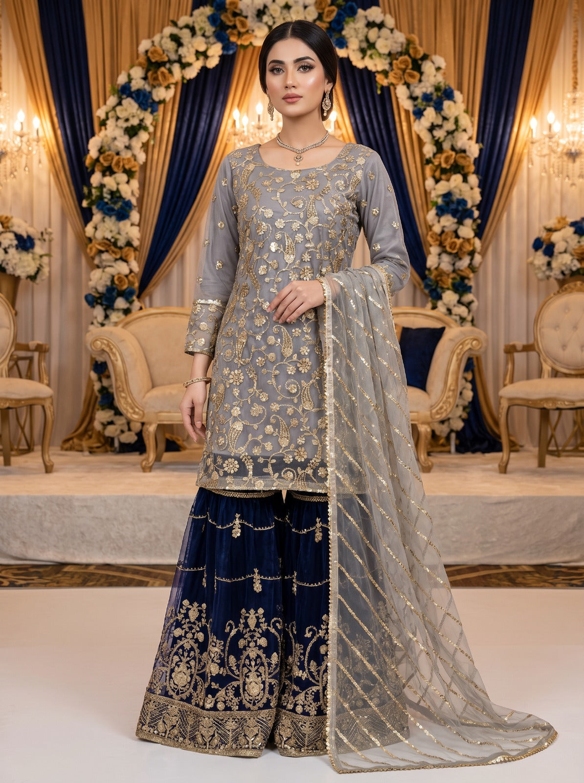 Grey Organza Sharara Lehenga Suit with Navy Lehenga KF-998