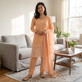 Peach Machine Embroidered Lawn Suit with Chiffon Georgette Dupatta, FD-005