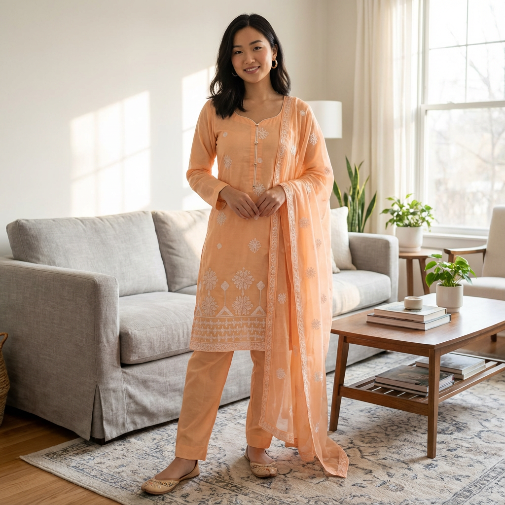 Peach Machine Embroidered Lawn Suit with Chiffon Georgette Dupatta, FD-005
