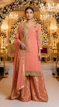 Coral Chiffon Suit with Gold Jamawar Palazzo KF-999