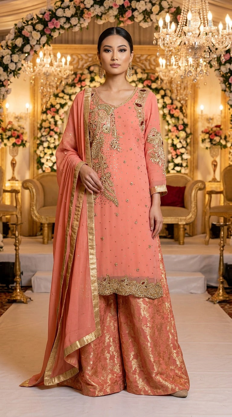 Coral Chiffon Suit with Gold Jamawar Palazzo KF-999