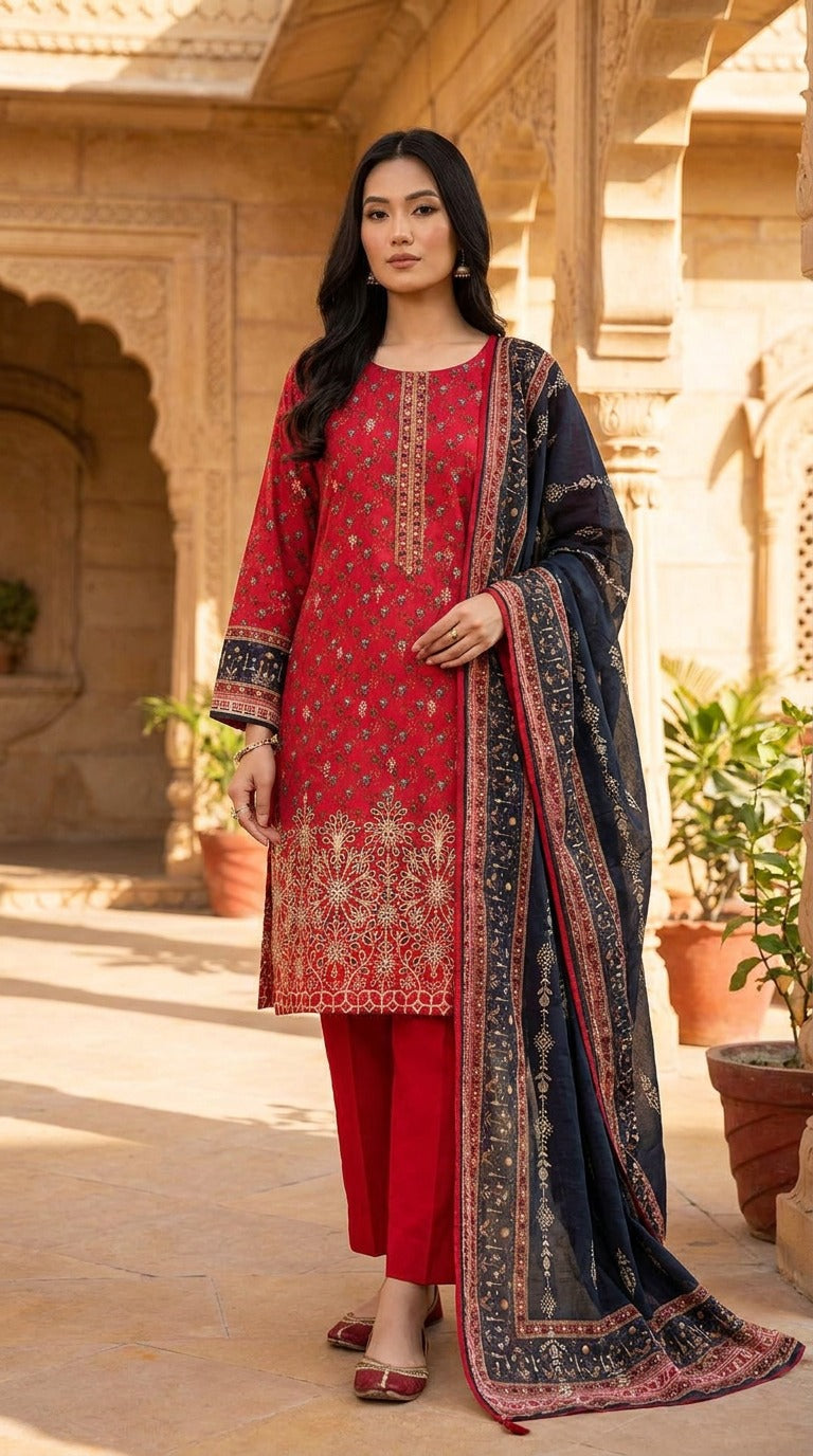 Red Embroidered Lawn Suit with Navy Printed Dupatta KF-1148
