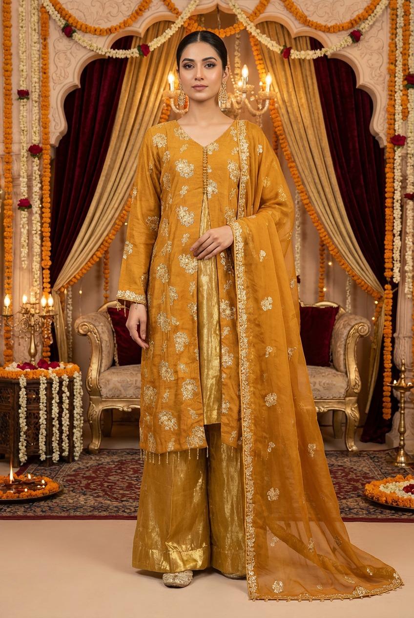 Mustard Fully Embroidered Sheesha Silk Suit with Raw Silk Trouser KF-1004
