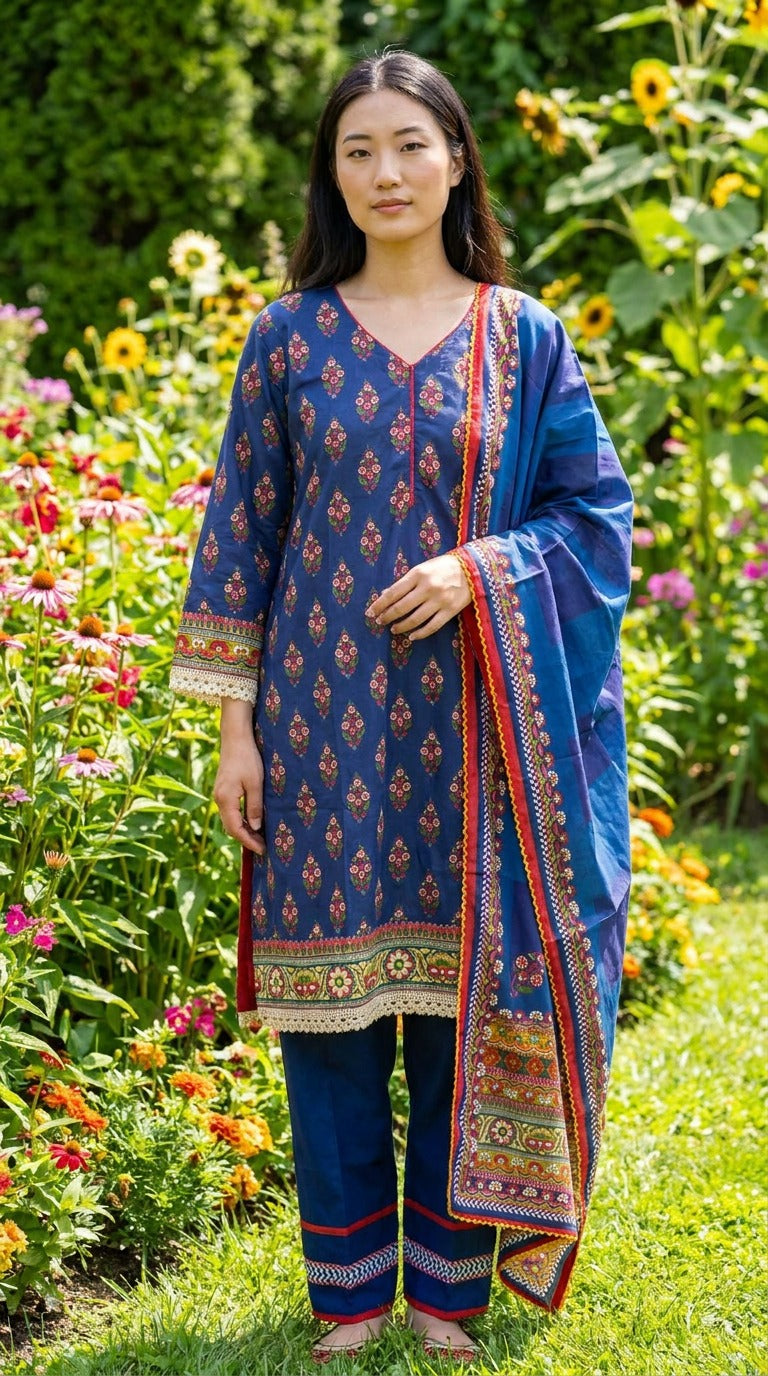 Blue Printed Linen 3 Piece Suit with Lace Finished Dupatta KF-1151