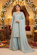 Powder Blue Raw Silk Suit with Sheesha Silk Kali Plazo and Chiffon Dupatta KF-1006
