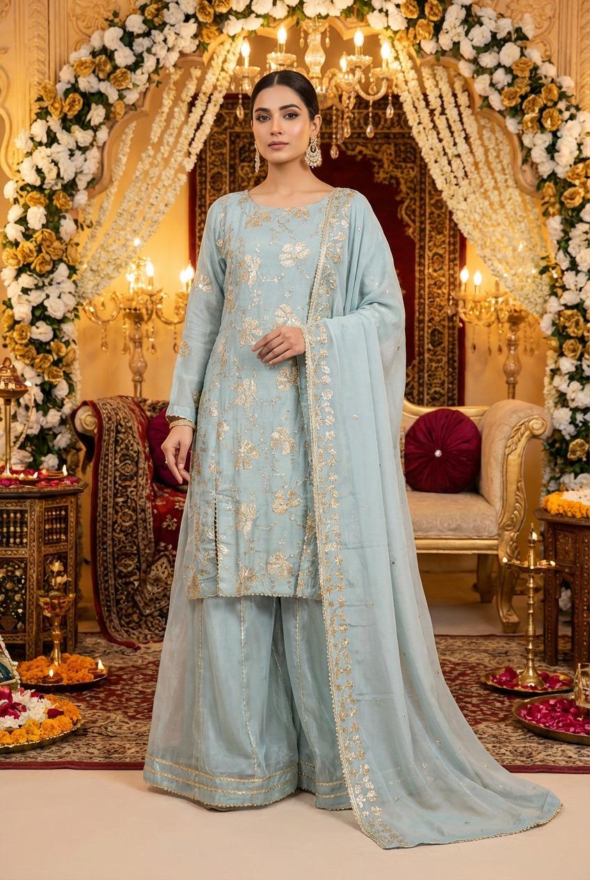Powder Blue Raw Silk Suit with Sheesha Silk Kali Plazo and Chiffon Dupatta KF-1006