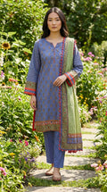 Blue Printed Khaddar Linen Suit with Qureshia Work Dupatta KF-1152