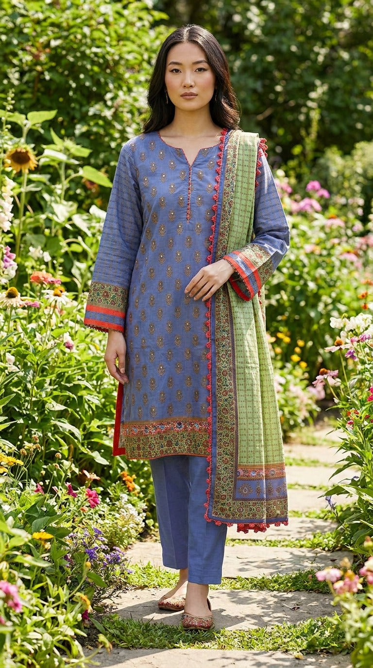 Blue Printed Khaddar Linen Suit with Qureshia Work Dupatta KF-1152