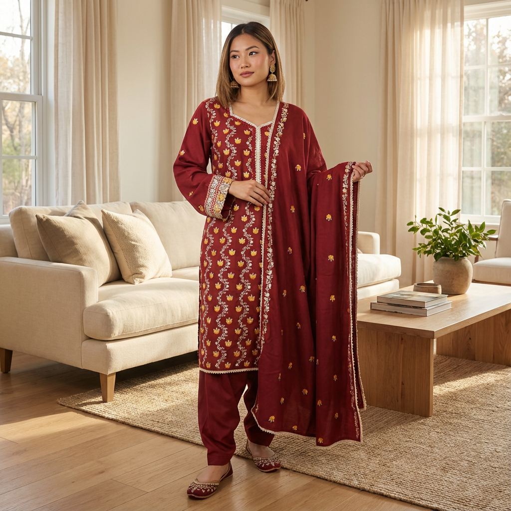 Maroon Embroidered Linen 3 Piece Suit with Lace Work, CD-172