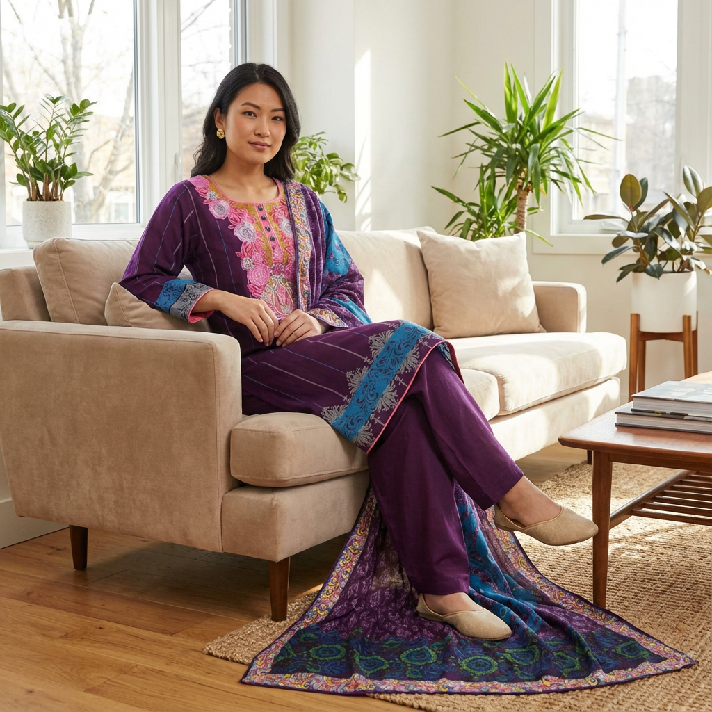 Dark Purple Embroidered Linen 3 Piece Suit, CD-173