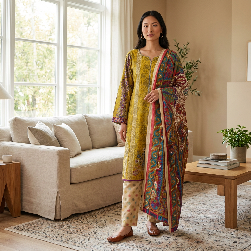 Mustard Printed Khaddar 3 Piece Suit with Paisley Dupatta, CD-175