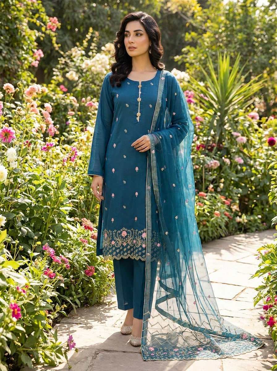 Teal Blue Embroidered Lawn Suit with Full Embroidered Chiffon Dupatta KF-1067