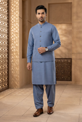 Men's Dusty Blue Waistcoat Shalwar Kameez 3 Piece Set KF-0250