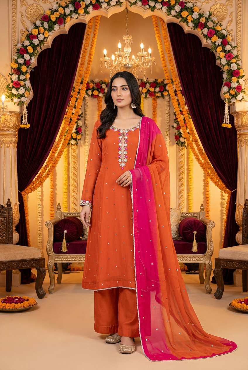 Burnt Orange Dabka and Resham Hand Embroidered Chiffon Suit with Mukesh KF-853