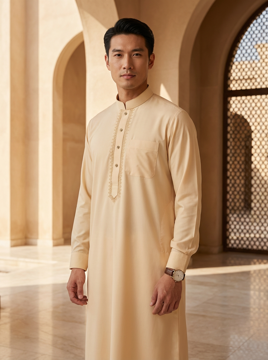Men's Pale Yellow Thobe with Mandarin Collar, Thawb-032