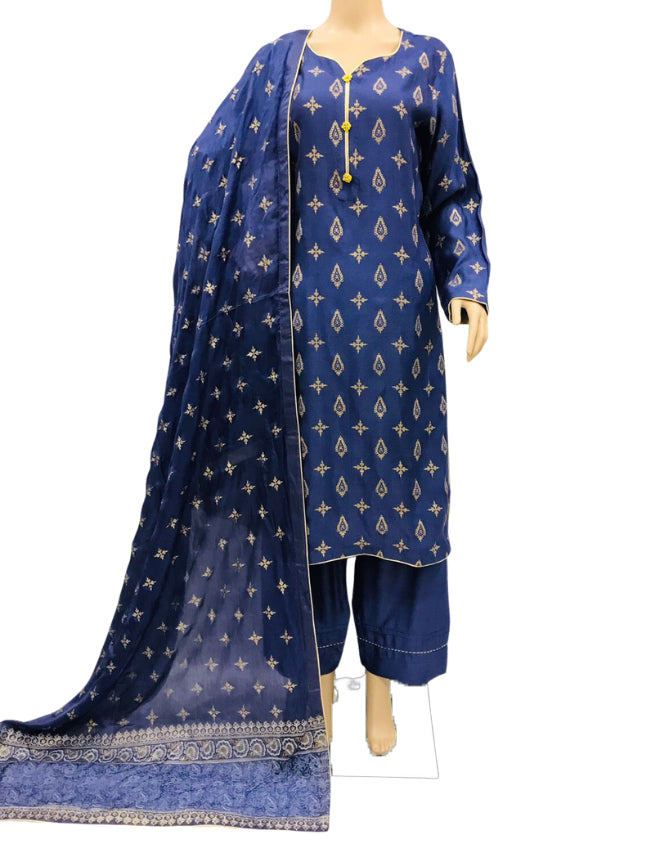 Indigo Blue Block Print Lawn 3 Piece Suit with Silk Dupatta KF-9016